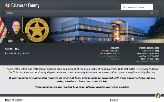 Screenshot of Calaveras County Jail website