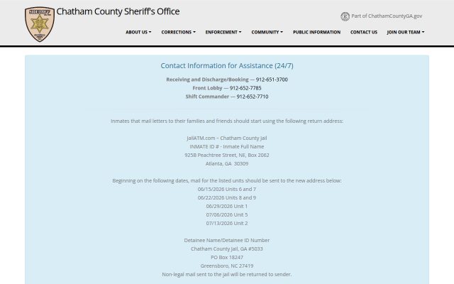Screenshot of Chatham County Detention Center website