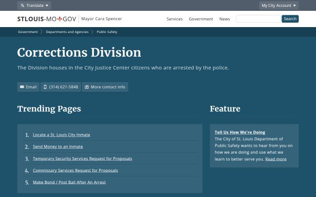 Screenshot of St. Louis City Justice Center website