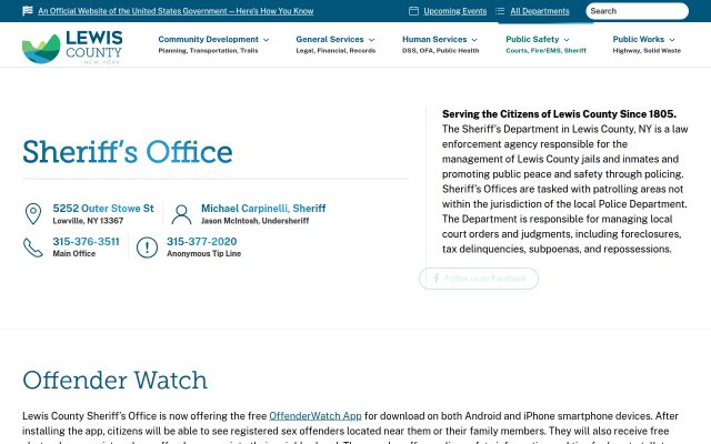 Screenshot of Lewis County Jail website