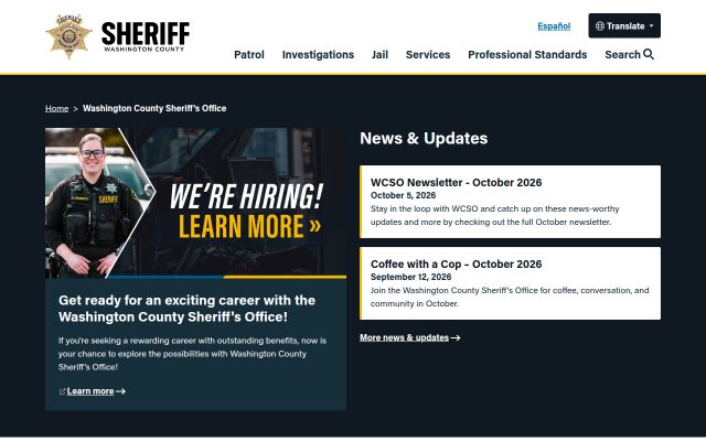 Screenshot of Washington County Jail website