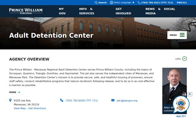 Screenshot of Prince William-Manassas Regional Adult Detention Center website