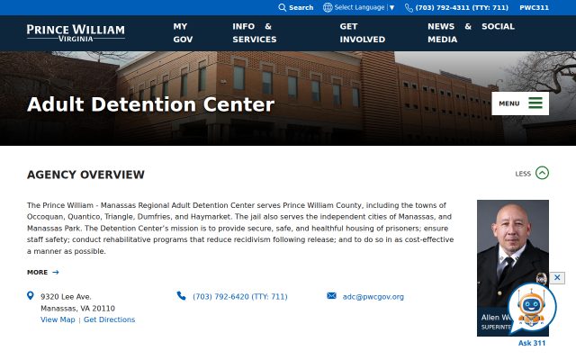 Screenshot of Prince William-Manassas Regional Adult Detention Center website